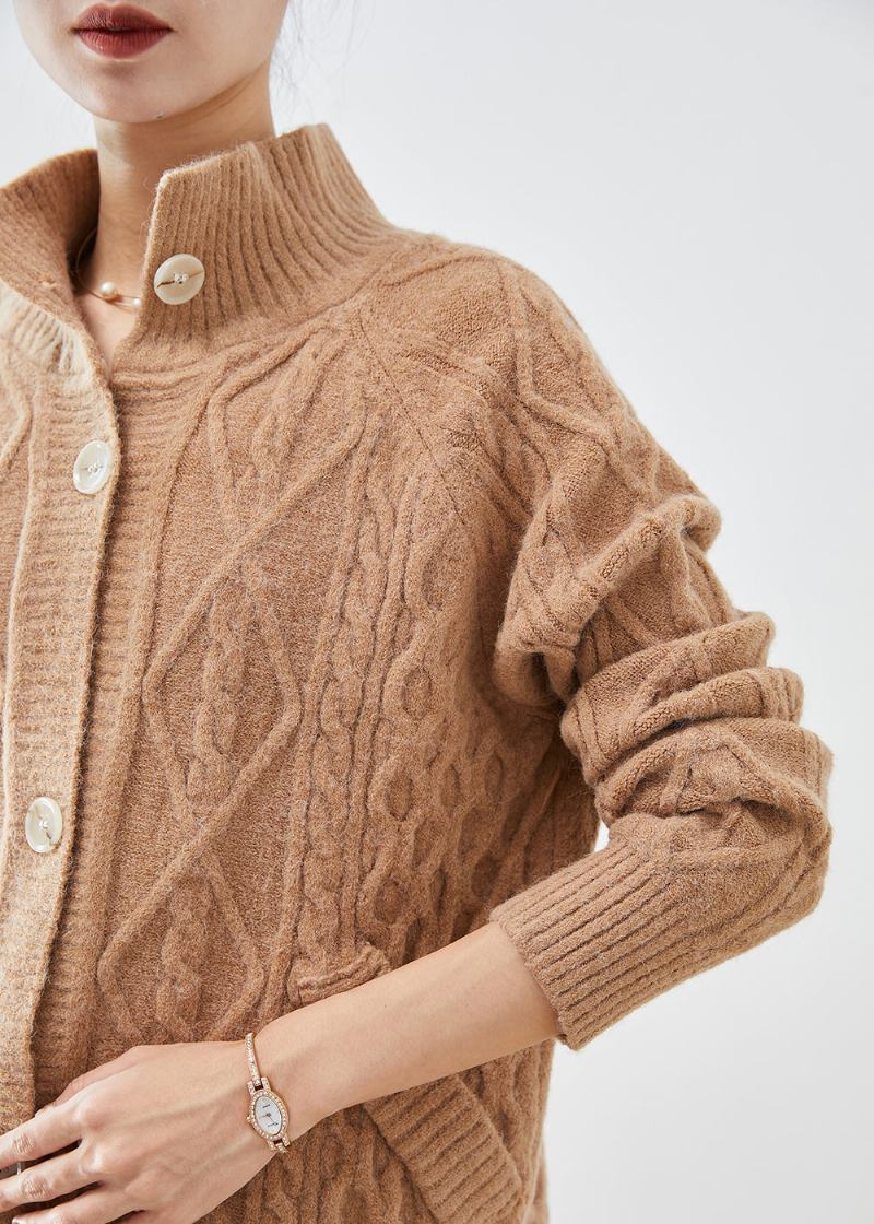 Khakifarbener Hochgeschlossener Button-down-strickcardigan Mit Zopfmuster Für Den Herbst - Damen-Cardigans