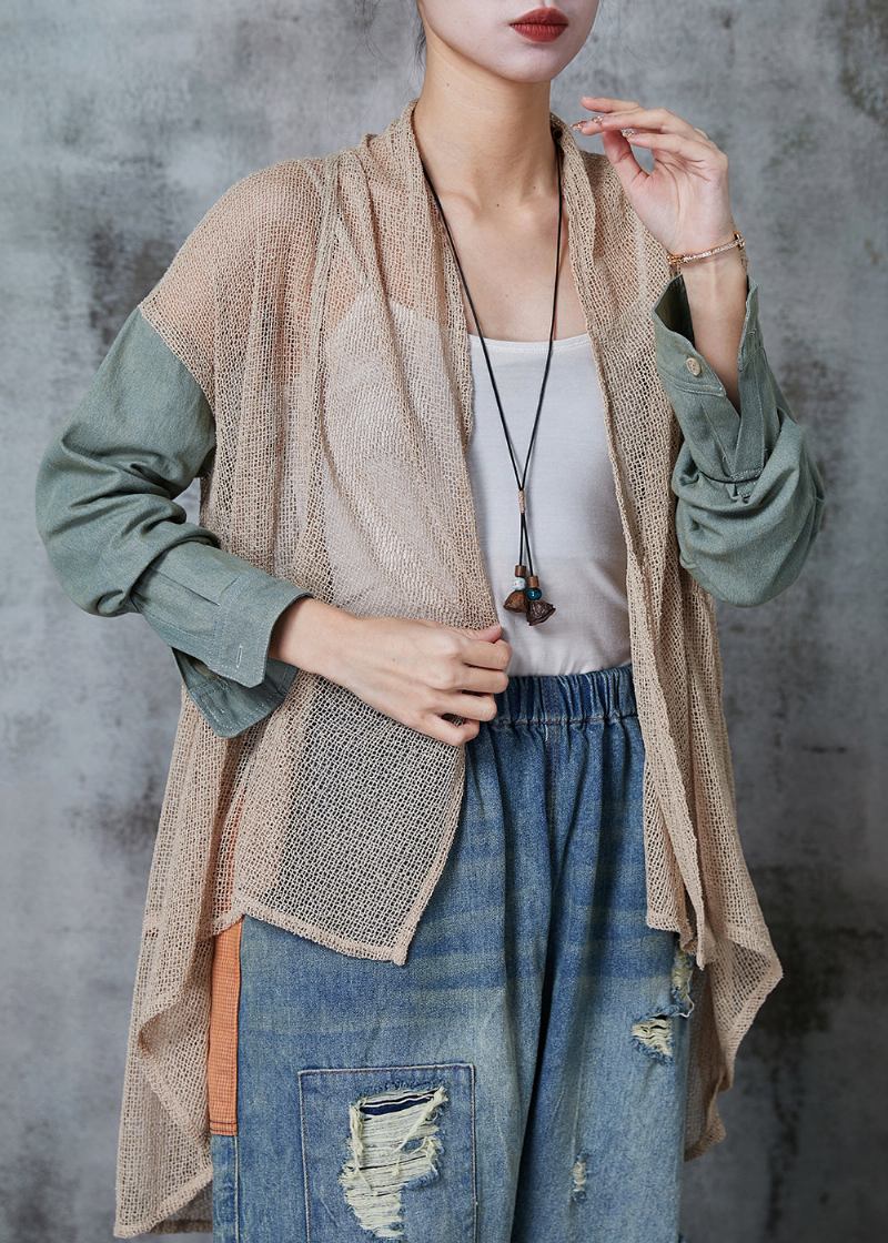 Khakifarbener Patchwork-cardigan Mit Niedrigem Und Hohem Design Frühling - Damen-Cardigans