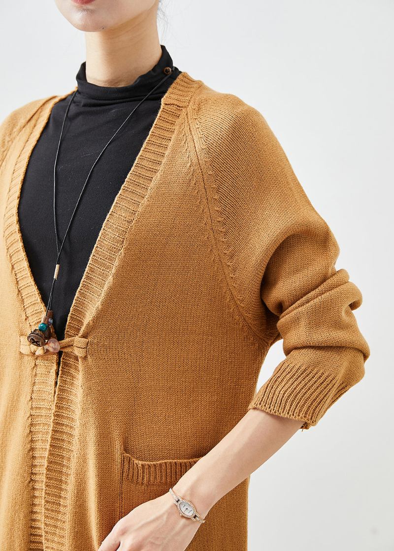 Khakifarbener Übergroßer Strickcardigan Mit Taschen Im Herbst - Damen-Cardigans