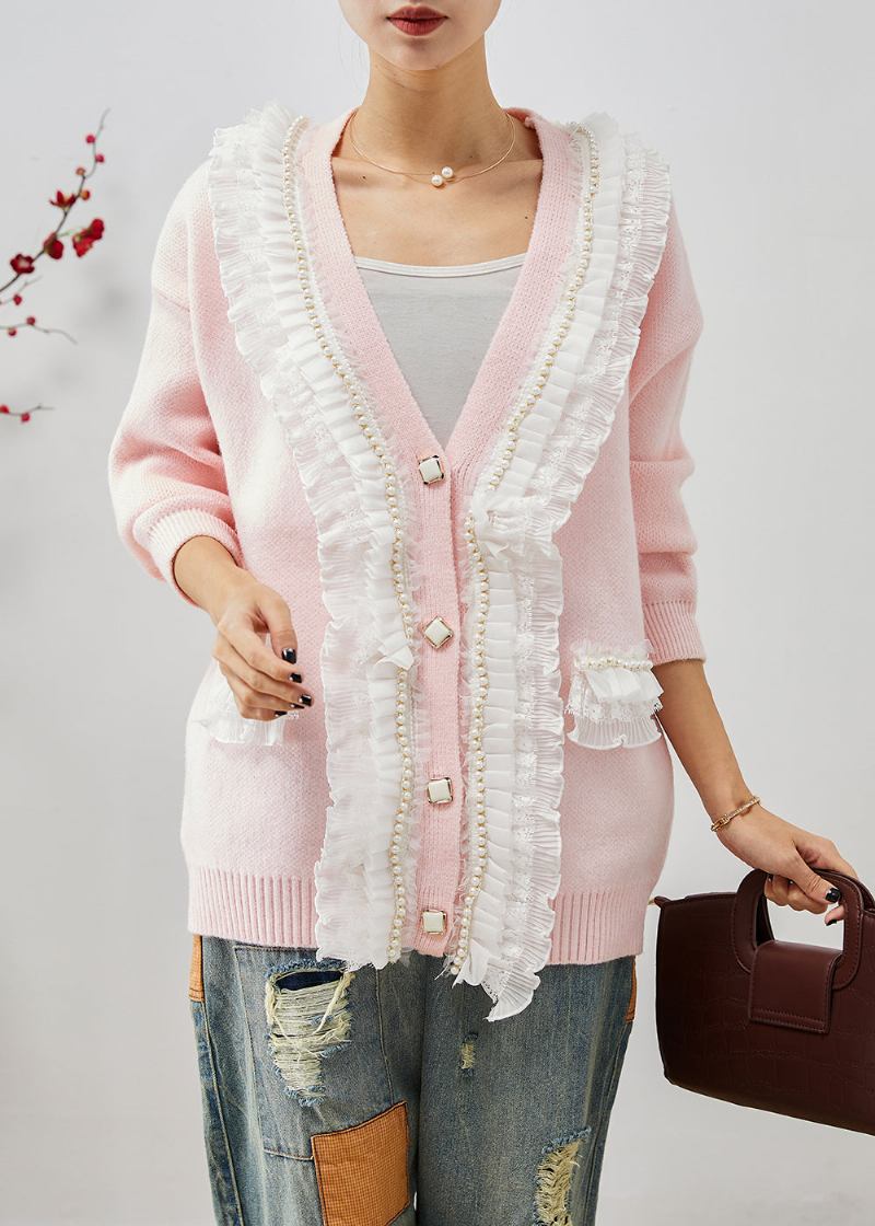 Künstlerisch Rosa Gerüschter Patchwork-strickmantel Im Herbst - Damen-Cardigans