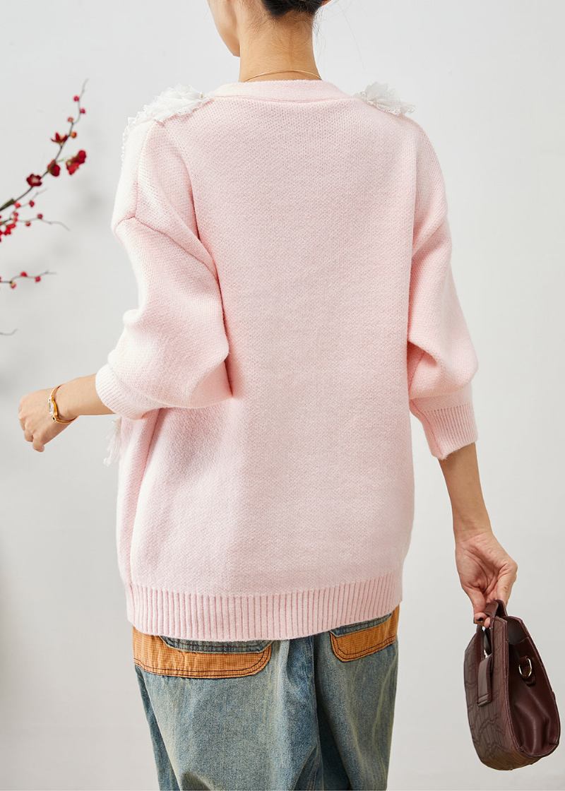 Künstlerisch Rosa Gerüschter Patchwork-strickmantel Im Herbst - Damen-Cardigans