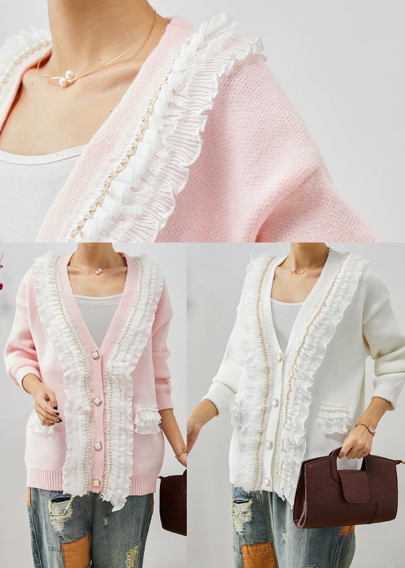 Künstlerisch Rosa Gerüschter Patchwork-strickmantel Im Herbst - Damen-Cardigans