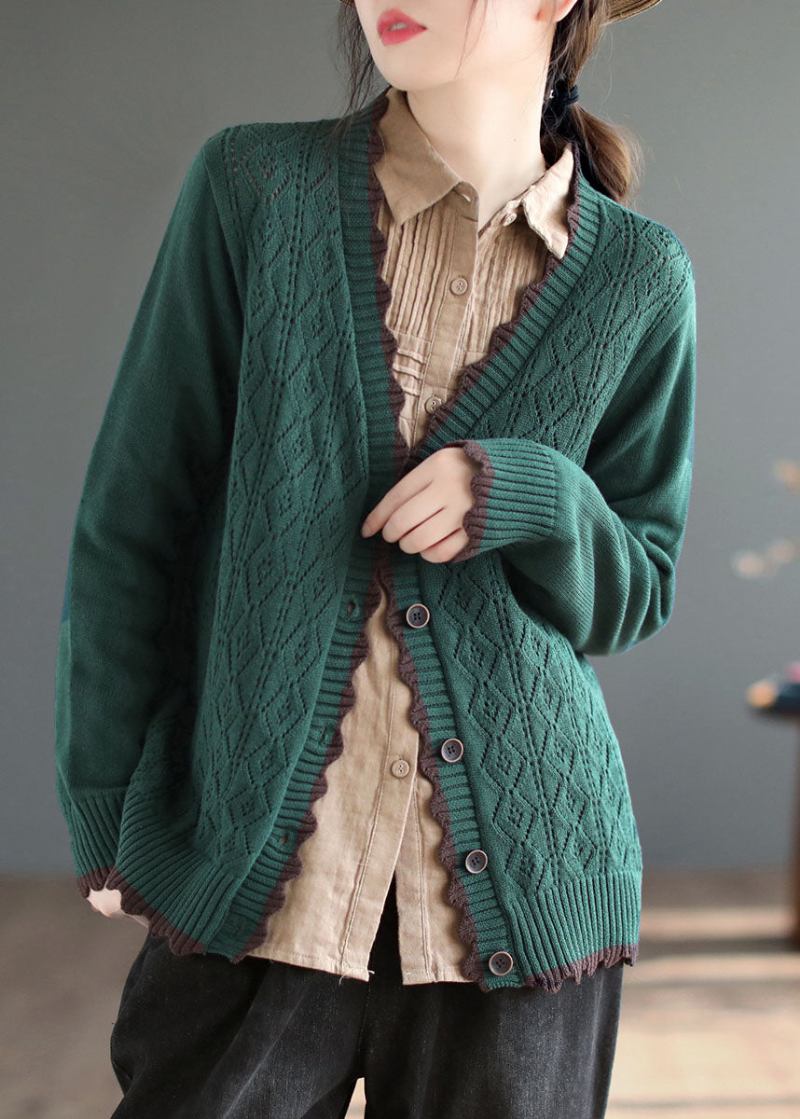 Kunstvoller Grüner V-ausschnitt-strickcardigan Mit Einreihiger Strickjacke Für Den Winter