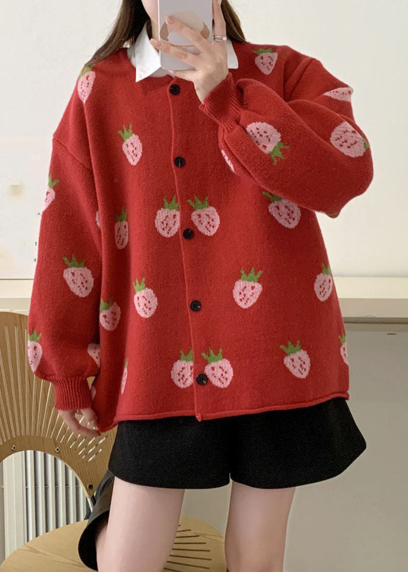 Lässige Rosa Baumwollpullover Mit Erdbeer-blumenmuster Für Den Herbst - Rot