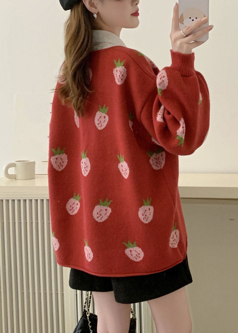 Lässige Rosa Baumwollpullover Mit Erdbeer-blumenmuster Für Den Herbst - Rot