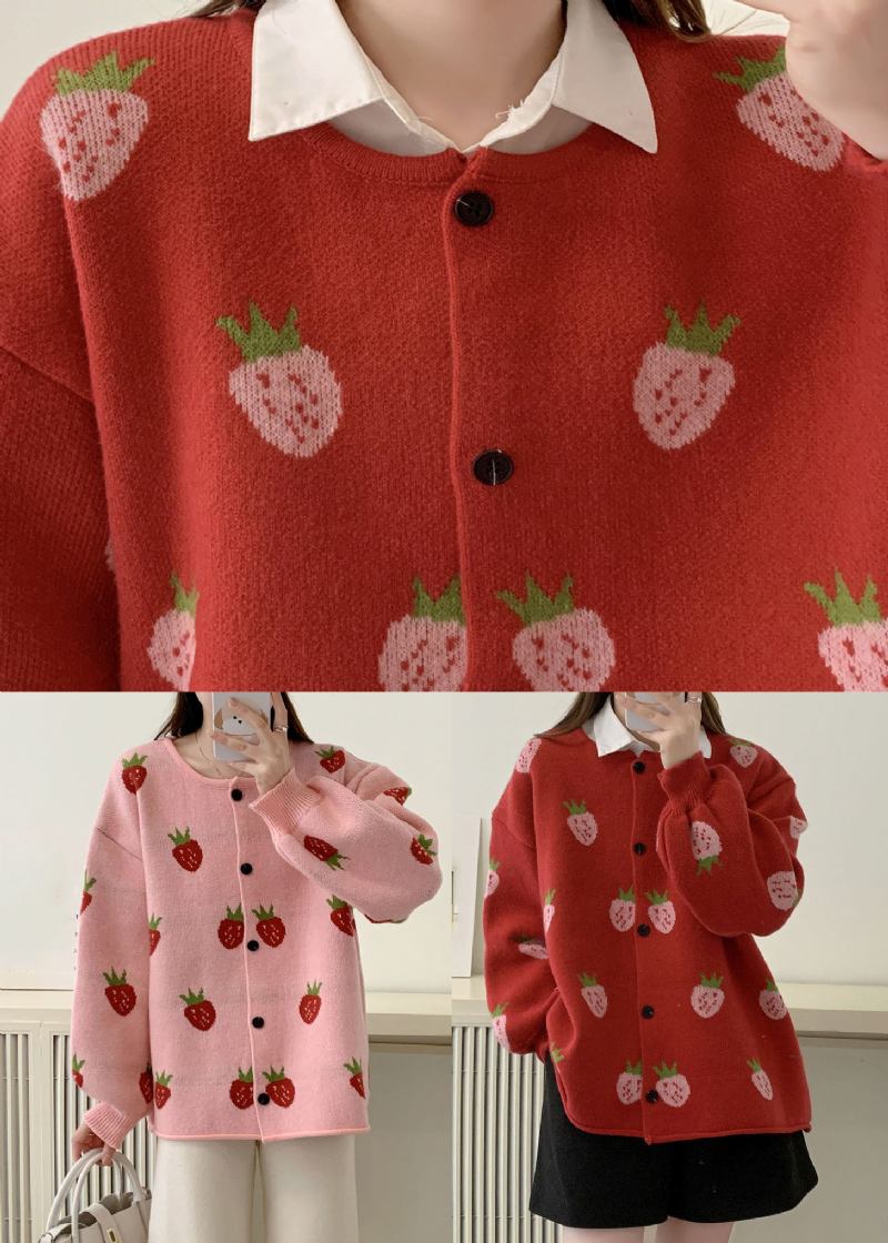 Lässige Rosa Baumwollpullover Mit Erdbeer-blumenmuster Für Den Herbst - Rot