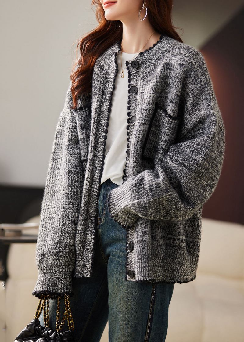 Lässiger Grauer O-ausschnitt Patchwork-strickcardigan Mit Knopf Herbst - Damen-Cardigans