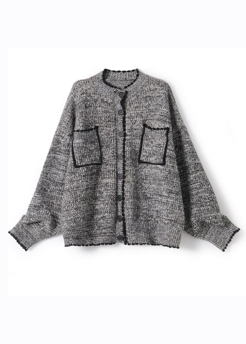 Lässiger Grauer O-ausschnitt Patchwork-strickcardigan Mit Knopf Herbst - Damen-Cardigans