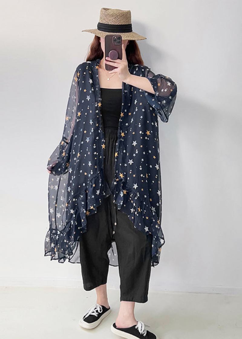 Lässiger Marineblauer Chiffon-cardigan Mit Rüschen Und Upf 50+ Für Den Sommer - Damen-Cardigans