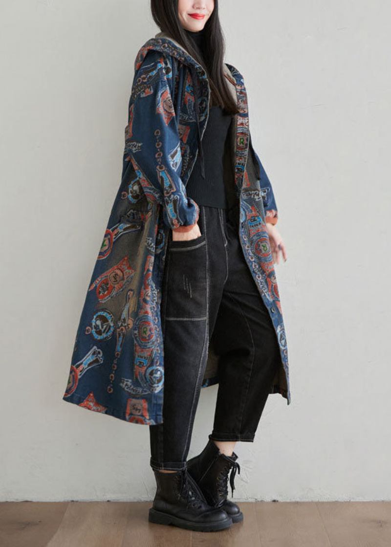 Lässiger Marineblauer Denim-cardigan Mit Kapuze Und Patchwork-print Frühling - Damen-Cardigans