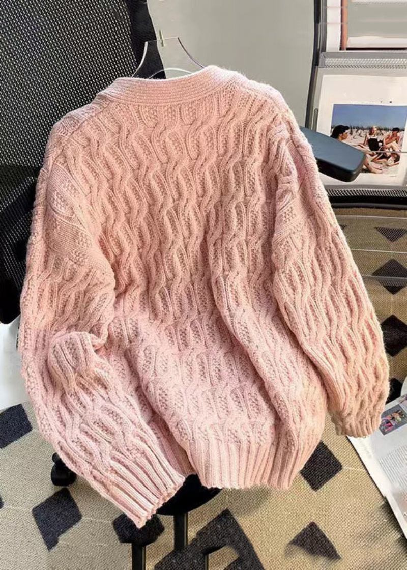 Lässiger Rosa Patchwork-strickmantel Mit Knopfleiste Und Nagelperlen Für Den Herbst - Damen-Cardigans