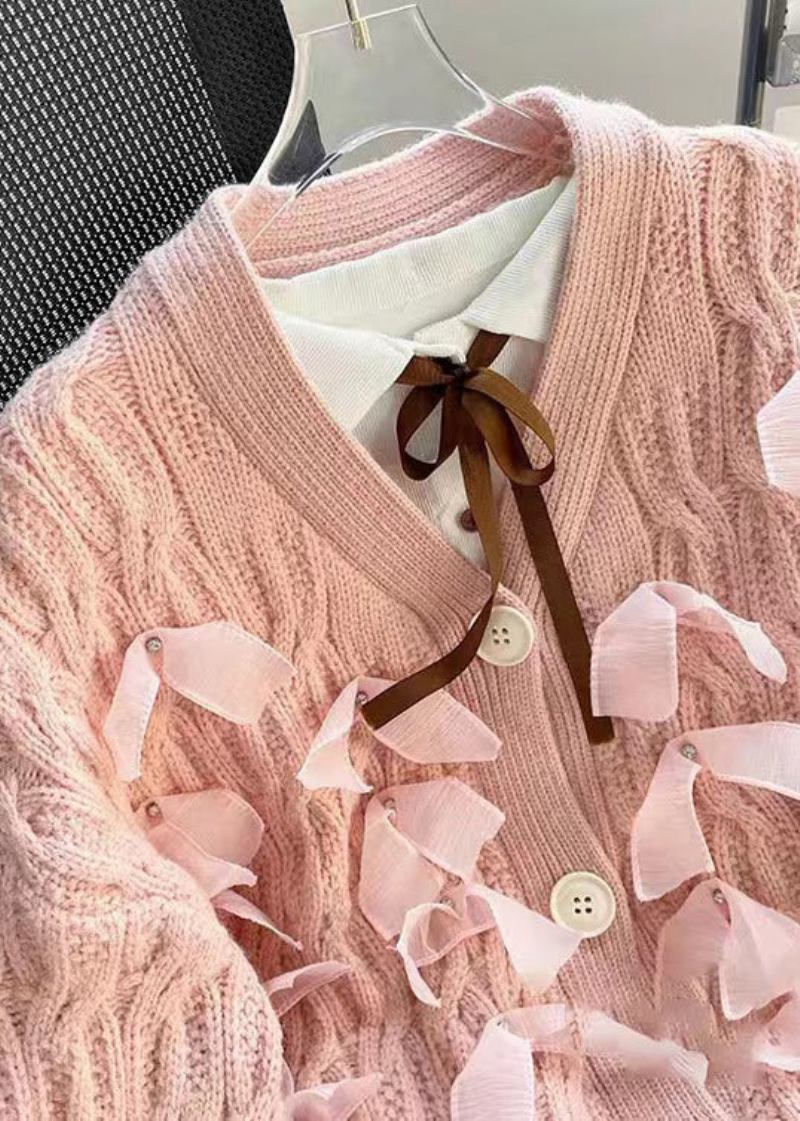 Lässiger Rosa Patchwork-strickmantel Mit Knopfleiste Und Nagelperlen Für Den Herbst - Damen-Cardigans