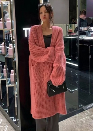 Langärmlige Strickjacken Mit Taschen Und Löchern Für Damen In Rosa