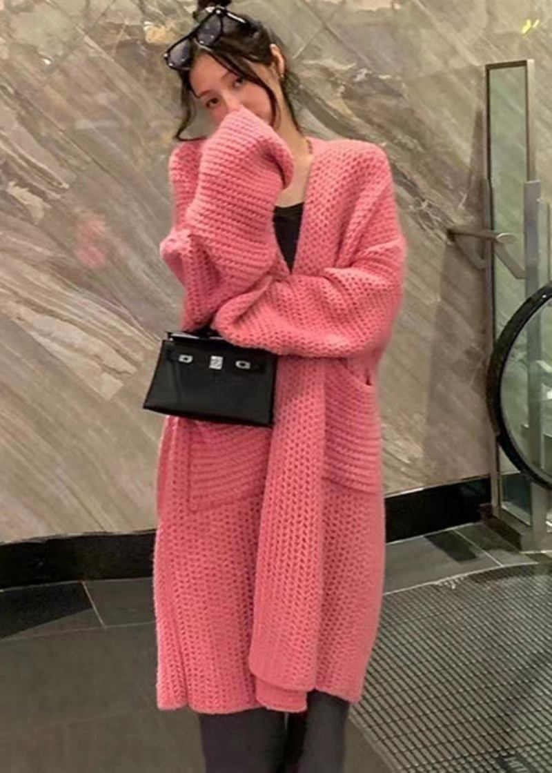 Langärmlige Strickjacken Mit Taschen Und Löchern Für Damen In Rosa - Damen-Cardigans