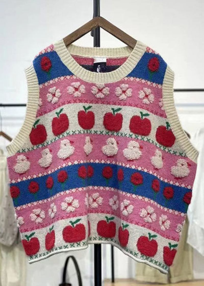 Langärmliger Kuscheliger Baumwoll-strickmantel Mit Rosa Patchwork-stickerei Für Damen - Damen-Cardigans