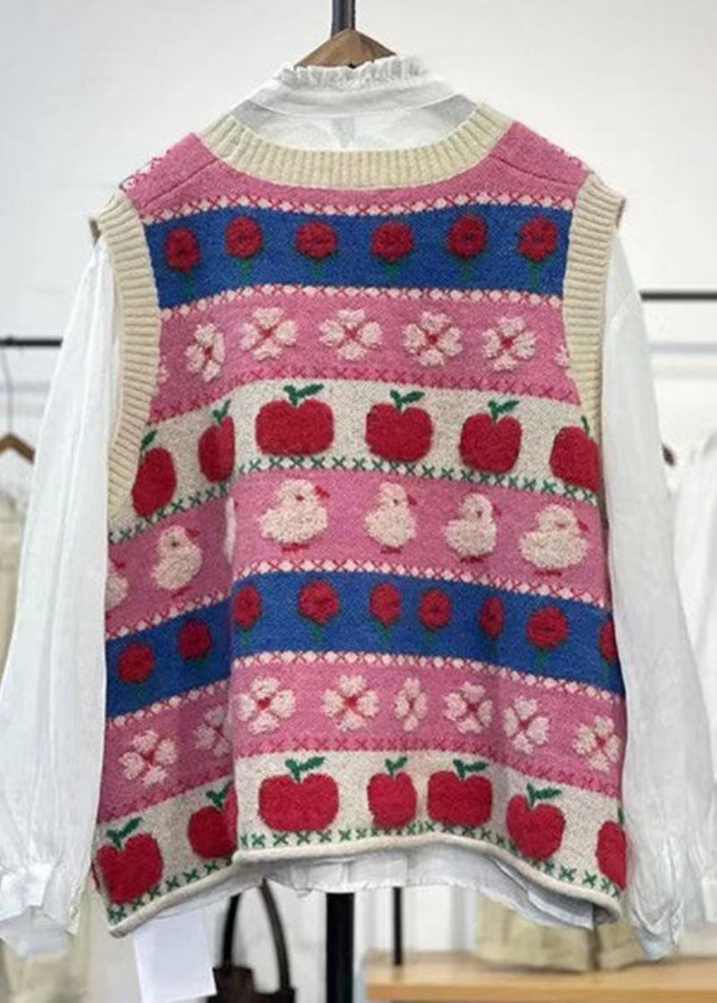 Langärmliger Kuscheliger Baumwoll-strickmantel Mit Rosa Patchwork-stickerei Für Damen - Damen-Cardigans