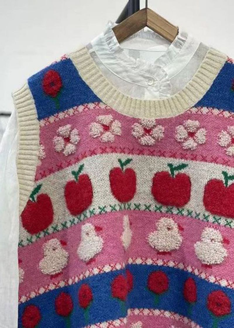 Langärmliger Kuscheliger Baumwoll-strickmantel Mit Rosa Patchwork-stickerei Für Damen - Damen-Cardigans