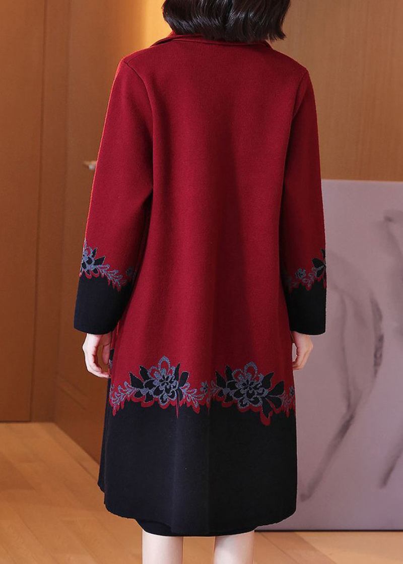 Langärmliger Roter Bedruckter Baumwoll-strickmantel Mit Knöpfen Im Patchwork-stil Für Damen - Damen-Cardigans