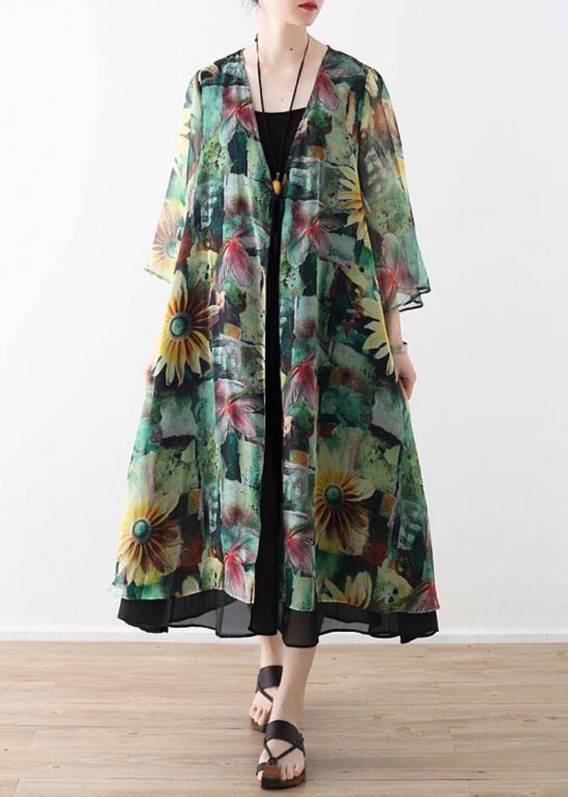 Lange Chiffon-cardigans Mit Grünem Print Im Bohemian-stil