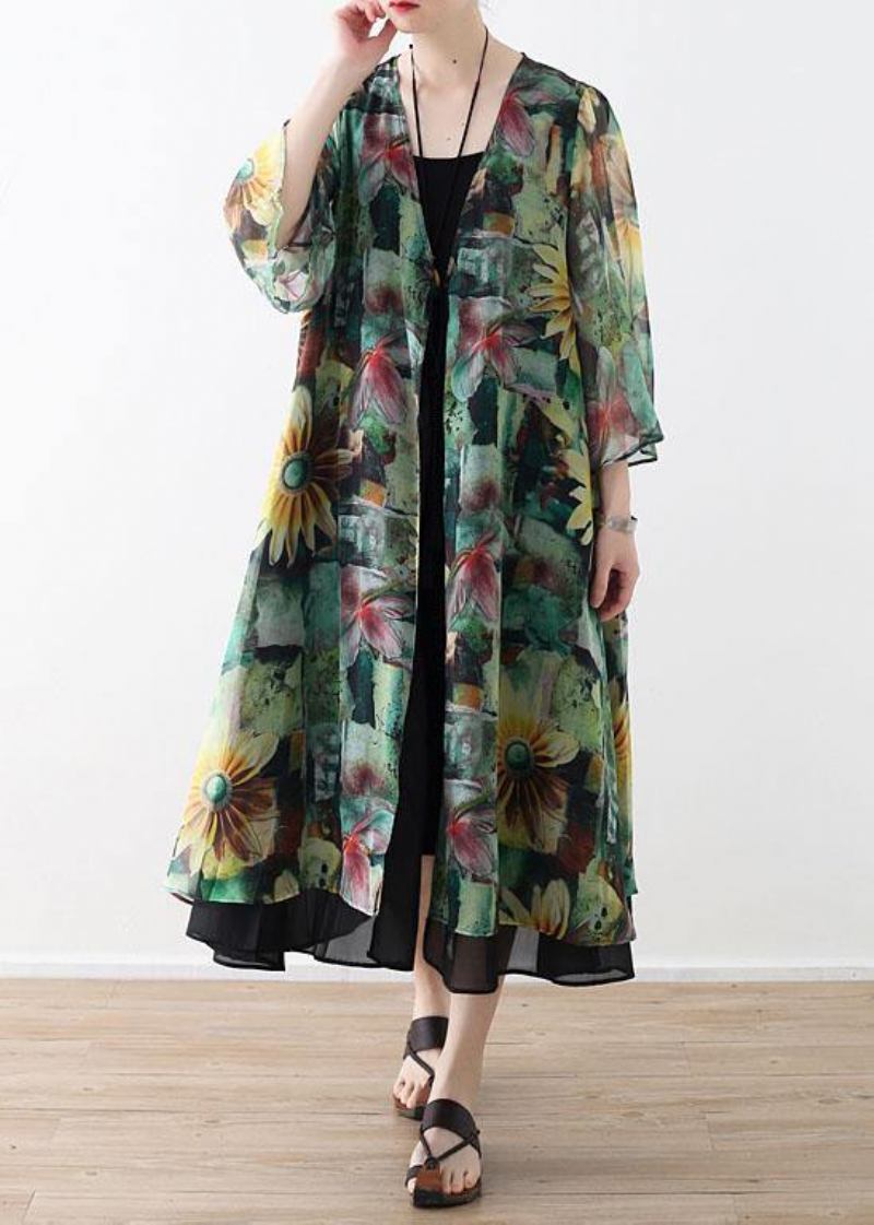 Lange Chiffon-cardigans Mit Grünem Print Im Bohemian-stil - Damen-Cardigans