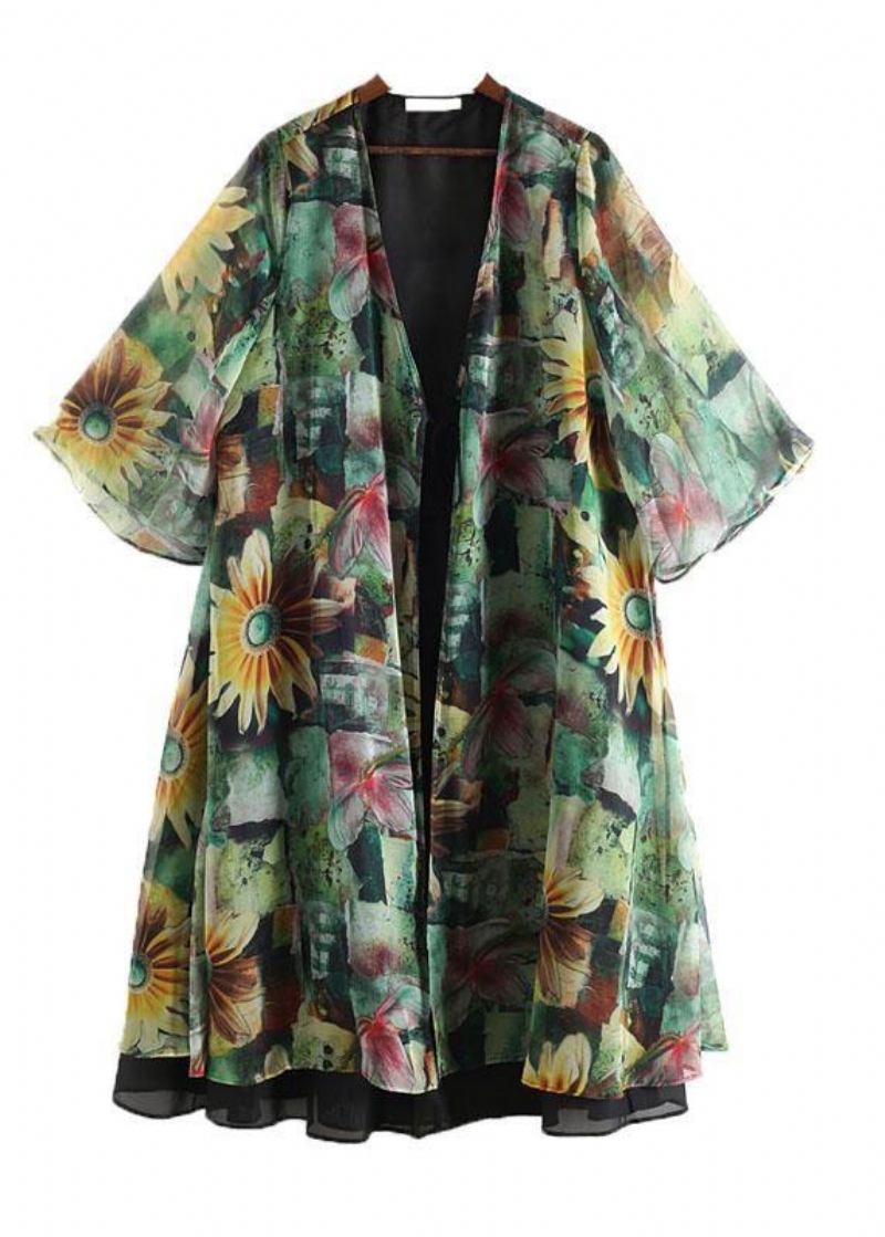 Lange Chiffon-cardigans Mit Grünem Print Im Bohemian-stil - Damen-Cardigans