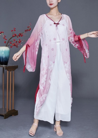 Langer Chiffon-cardigan Mit Farbverlauf Und Chinesischem Knopfdruck Für Damen Ausgestellte Ärmel