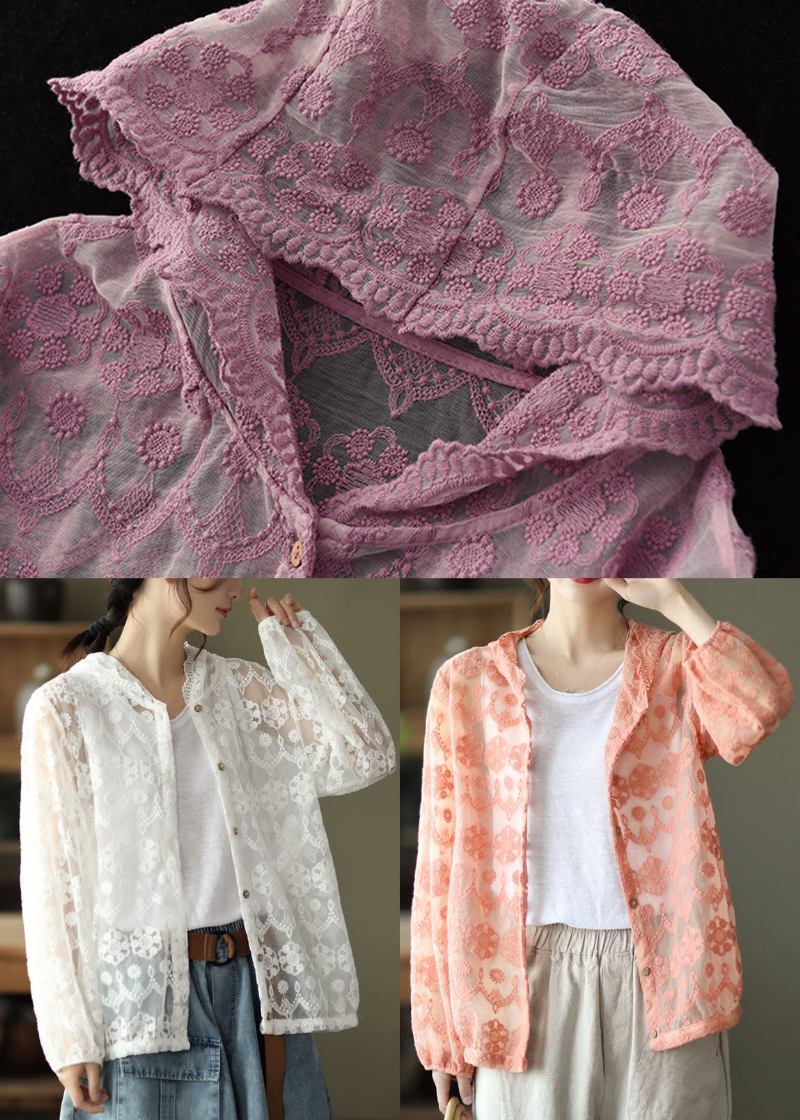 Langer Rosa Bestickte Patchwork-spitzen-cardigans Mit Langen Ärmeln - Rosa