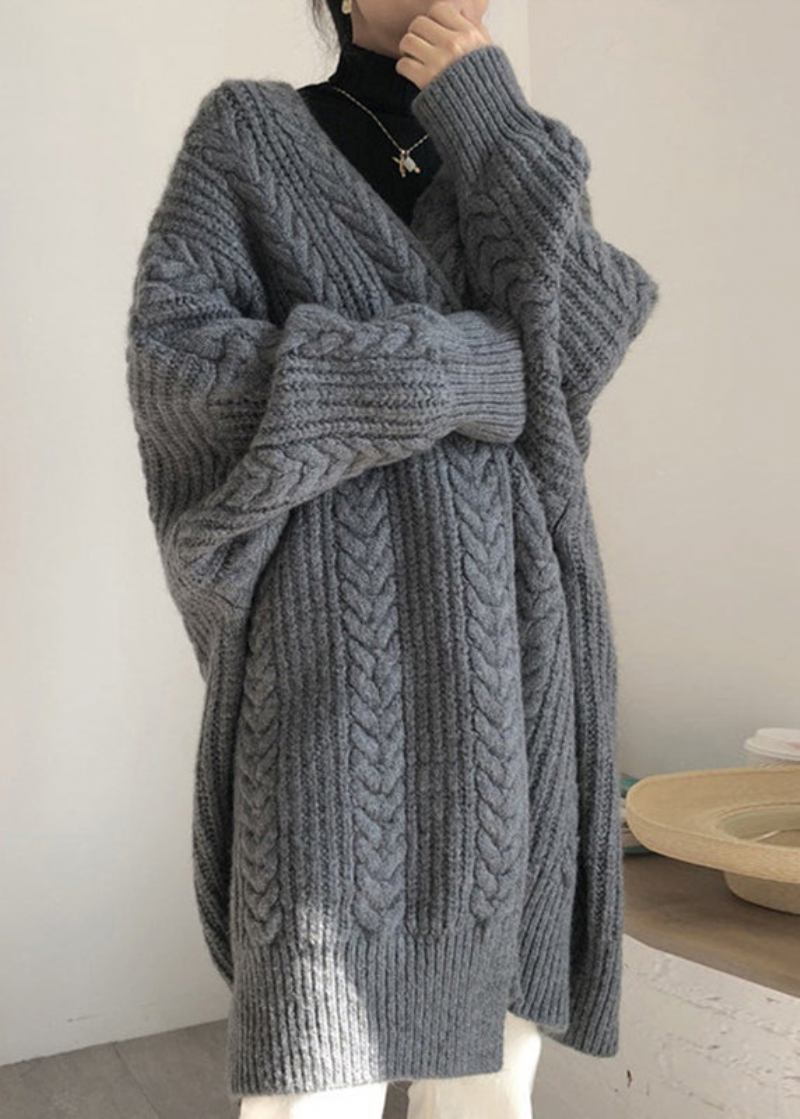 Lockere Aprikosenfarbene Strickjacke Mit V-ausschnitt Und Zopfmuster Aus Baumwolle Für Den Herbst - Damen-Cardigans