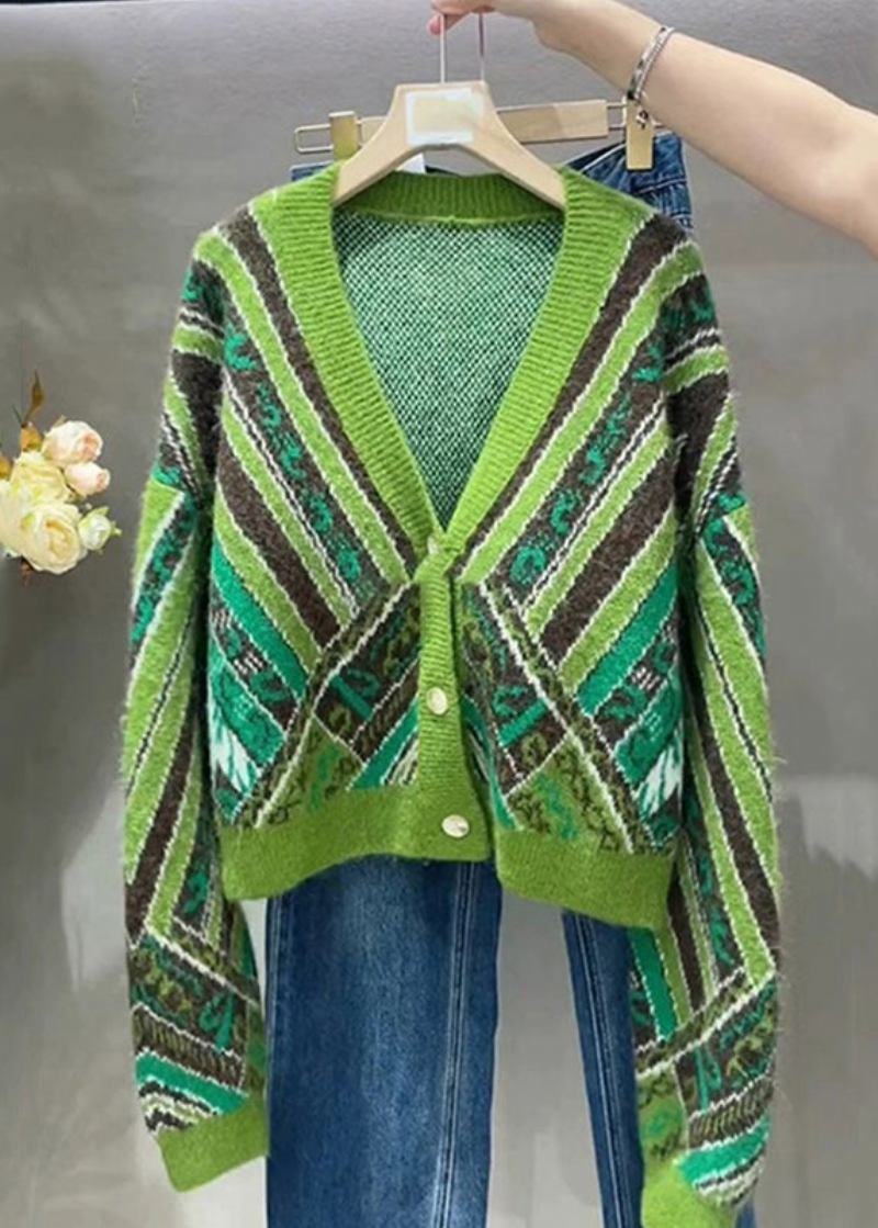 Lockere Grüne Patchwork-strickmäntel Mit V-ausschnitt Und Knöpfen Für Den Herbst - Damen-Cardigans