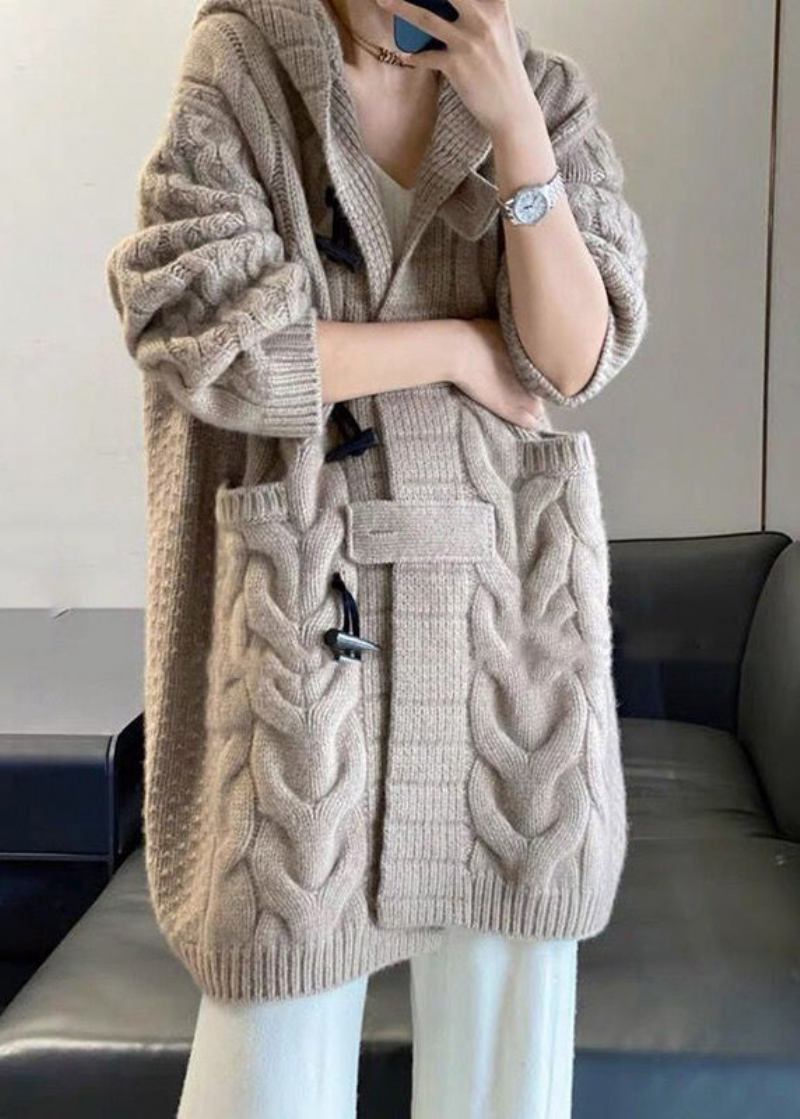 Lockere Kuschelige Strickjacke Aus Kamelhaar Mit Kapuze Und Taschen Langärmlig