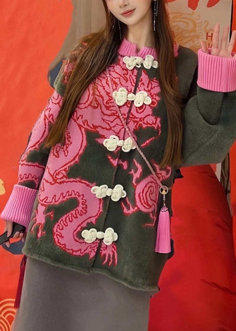 Lockere Langärmlige Baumwoll-strickjacke Mit Chinesischen Knöpfen Und Rosen