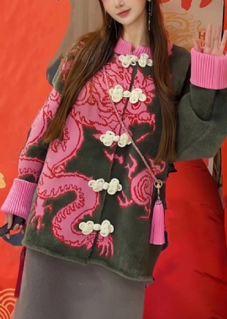 Lockere Langärmlige Baumwoll-strickjacke Mit Chinesischen Knöpfen Und Rosen