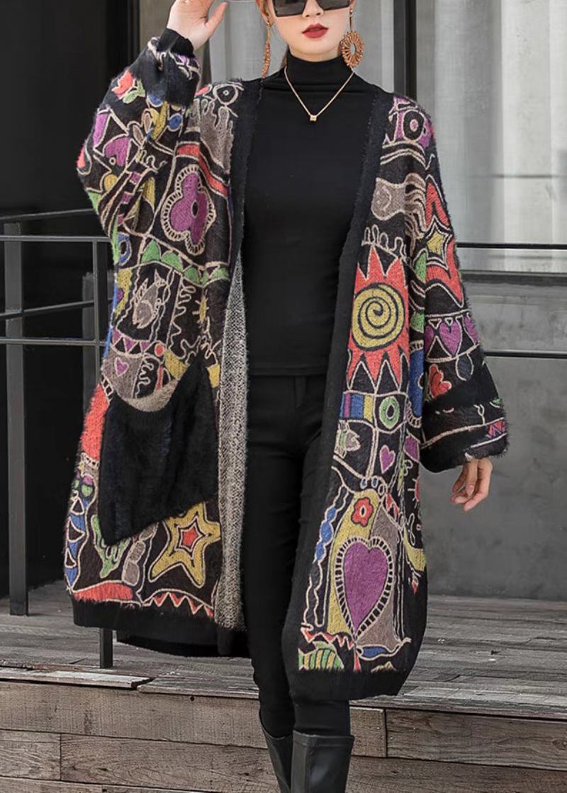 Lockere Lange Strickjacke Aus Baumwollstrick Mit V-ausschnitt Und Print-taschen Langärmlig