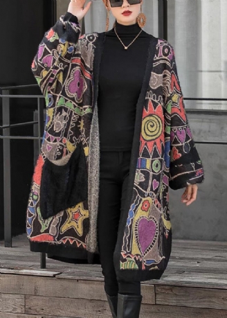 Lockere Lange Strickjacke Aus Baumwollstrick Mit V-ausschnitt Und Print-taschen Langärmlig