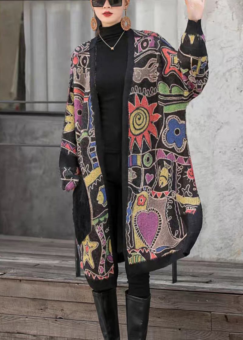 Lockere Lange Strickjacke Aus Baumwollstrick Mit V-ausschnitt Und Print-taschen Langärmlig - Damen-Cardigans