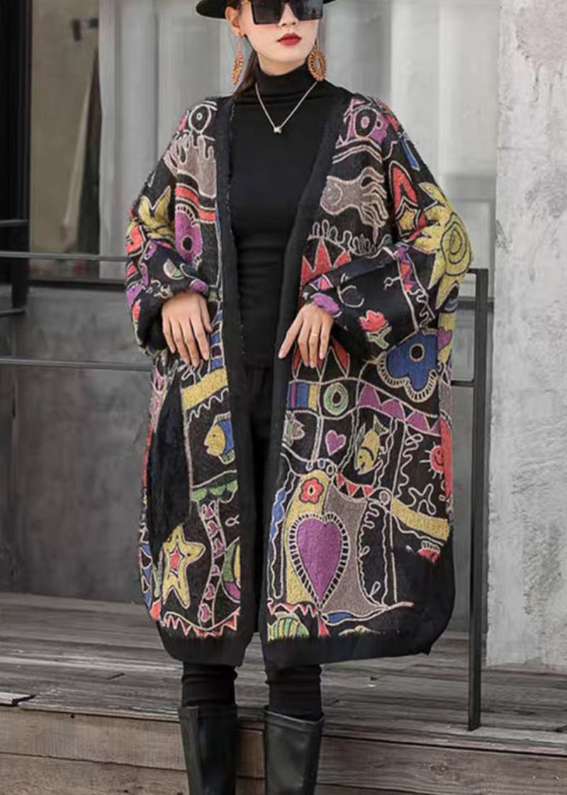 Lockere Lange Strickjacke Aus Baumwollstrick Mit V-ausschnitt Und Print-taschen Langärmlig - Damen-Cardigans