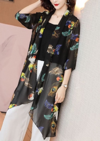 Lockere Schwarze Chiffon-cardigans Mit Patchwork-stil Mit Federmuster Im Im Sommer