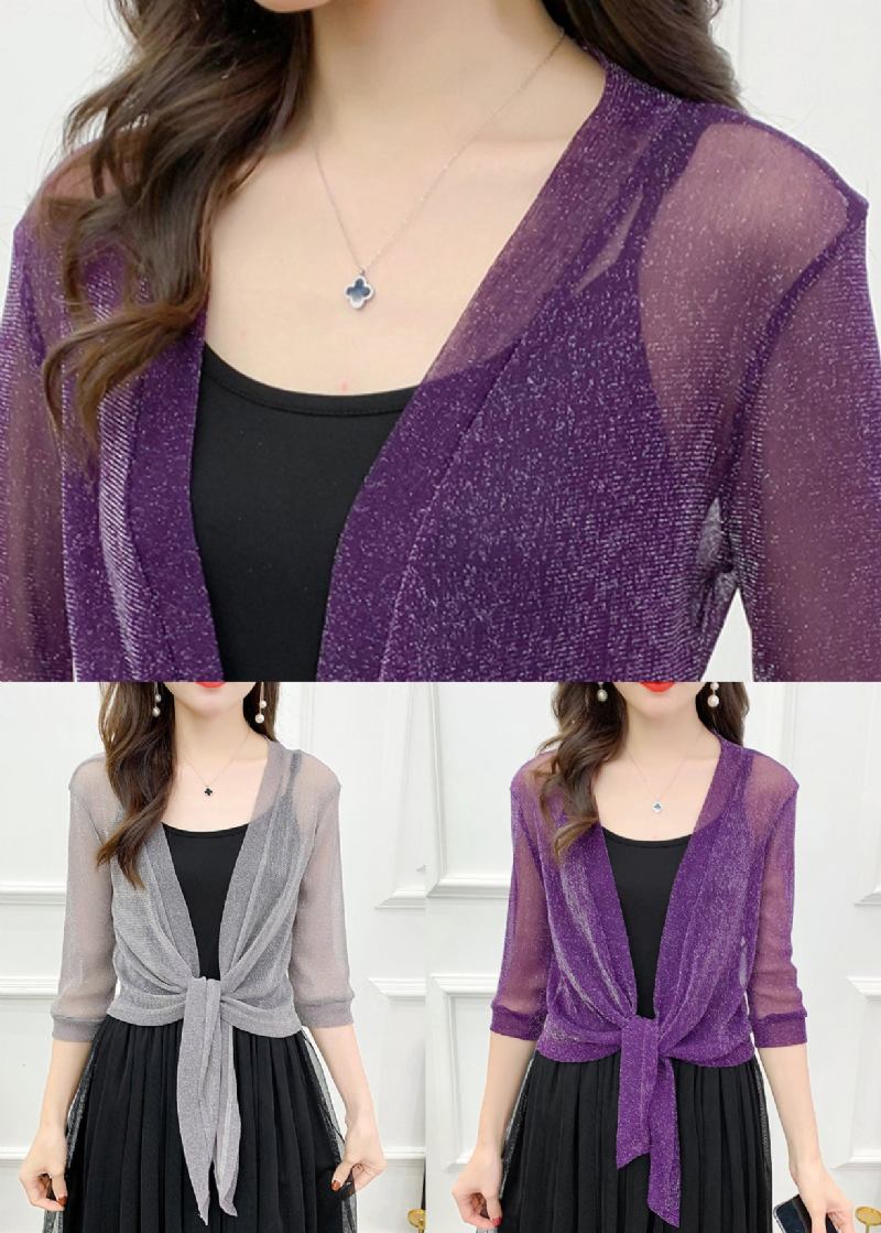 Lockere Violette Helle Seidentülljacken Mit V-ausschnitt Sommer - Damen-Cardigans