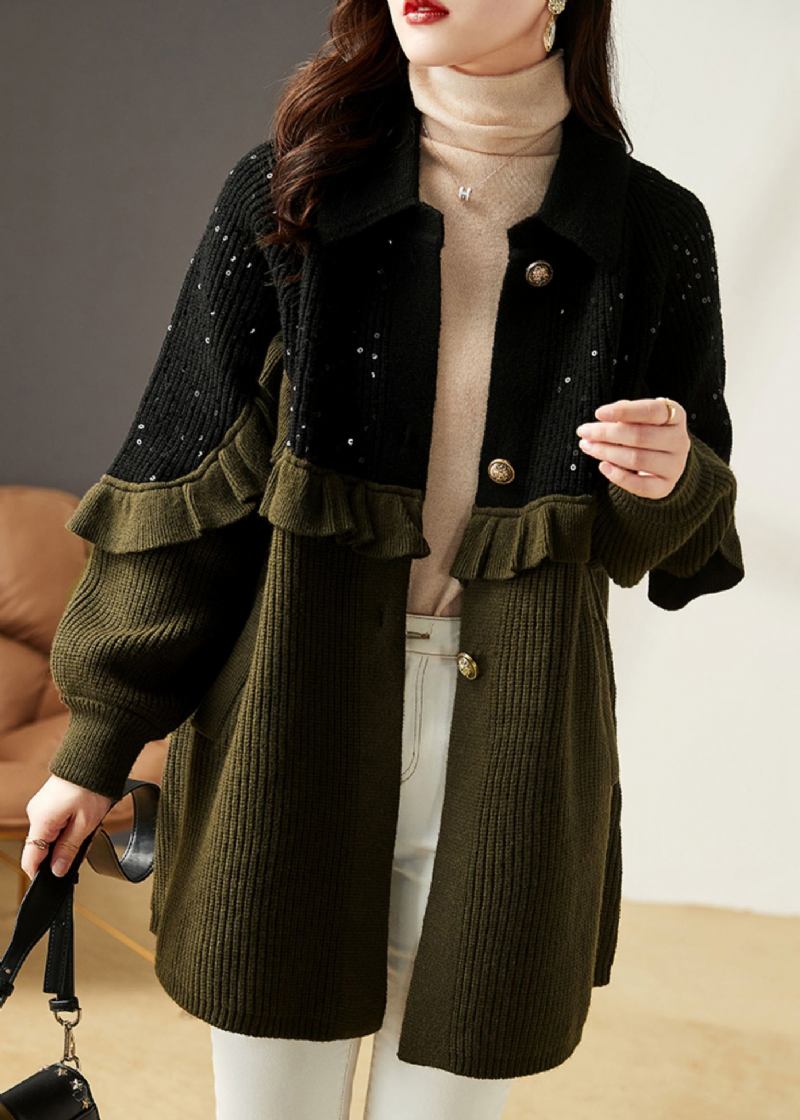 Lockerer Armeegrüner Patchwork-strickmantel Mit Rüschen Und Pailletten Herbst - Damen-Cardigans