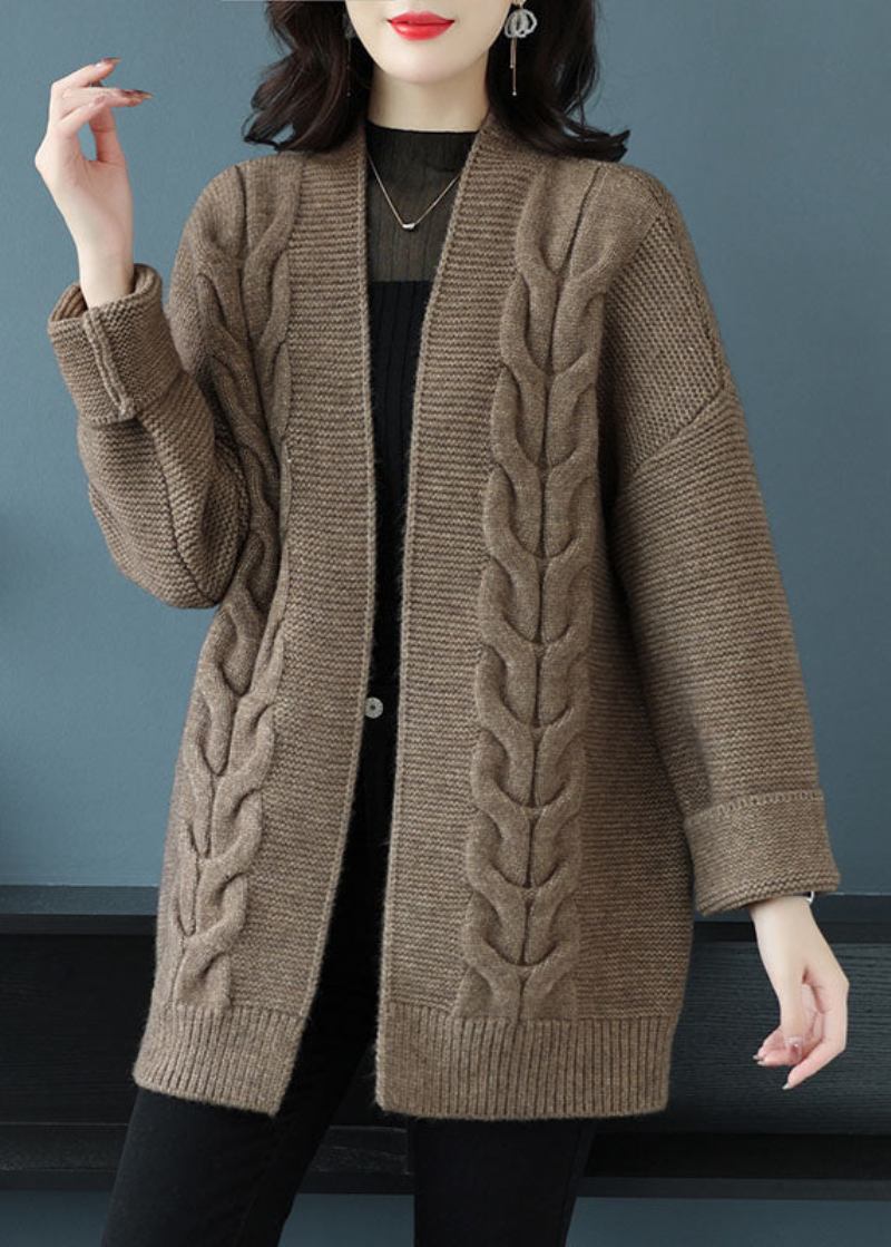 Lockerer Beigefarbener Patchwork-cardigan Mit V-ausschnitt Und Dickem Wollstrick Für Den Herbst - Damen-Cardigans