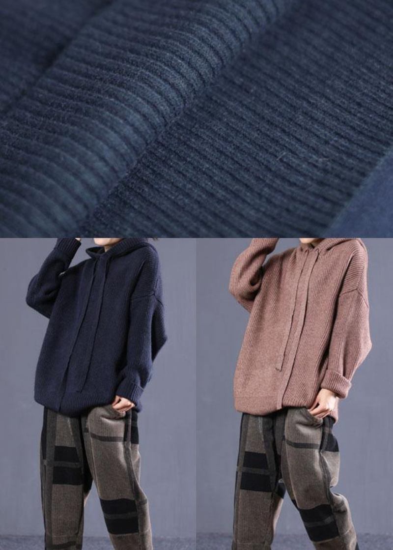 Lockerer Dunkelblauer Selbstgemachter Strickpullover Mit Kapuze Für Den Herbst - Marineblau