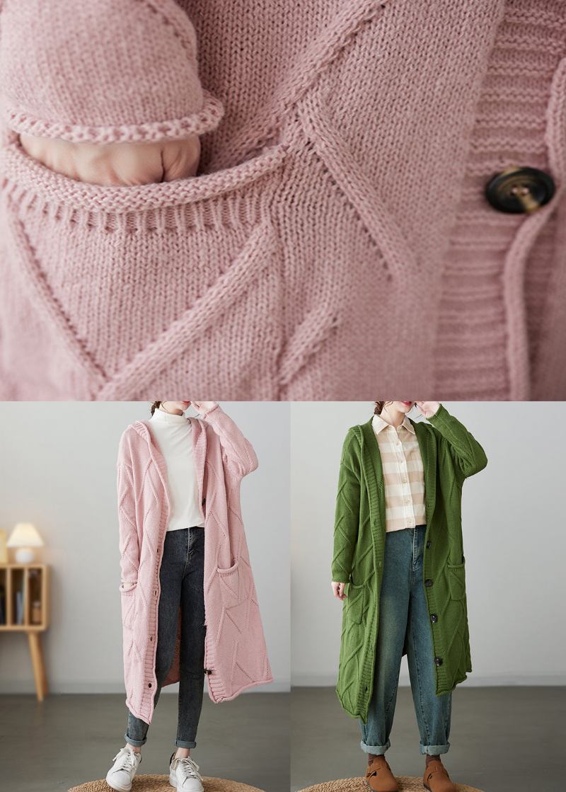 Lockerer Grüner Patchwork-strickcardigan Mit Kapuze Taschen Herbst - Damen-Cardigans