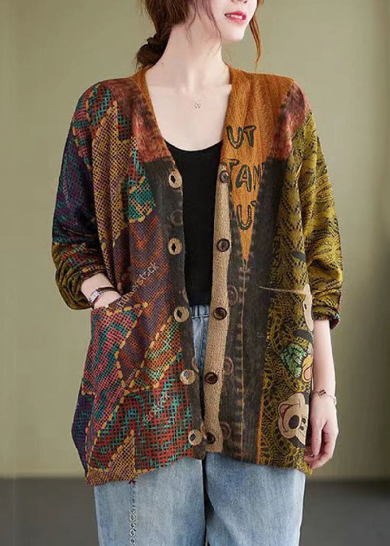 Lockerer Patchwork-baumwollstrickmantel Mit Mitch-knopfdruck Für Den Herbst - Damen-Cardigans