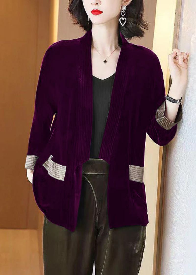 Lockerer Schwarzer V-ausschnitt Taschen Patchwork Seidenvelours-cardigan Armbandärmel - Damen-Cardigans