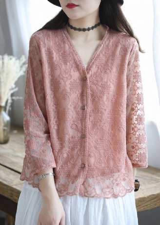 Lose Strickjacke Aus Baumwolle Mit Französischem Rosa Und Stickereien