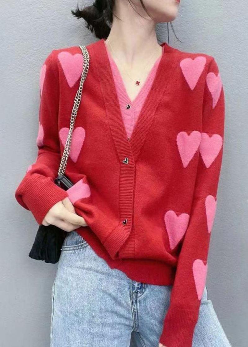 Moderne Rote Strickjacke Mit V-ausschnitt Und Patchwork-love-jacquard-strick Zweiteilige Für Den Frühling