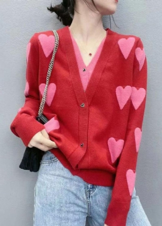 Moderne Rote Strickjacke Mit V-ausschnitt Und Patchwork-love-jacquard-strick Zweiteilige Für Den Frühling