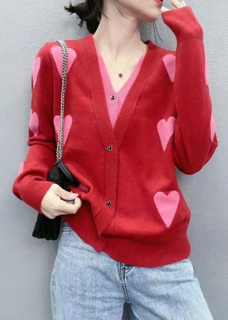 Moderne Rote Strickjacke Mit V-ausschnitt Und Patchwork-love-jacquard-strick Zweiteilige Für Den Frühling - Damen-Cardigans