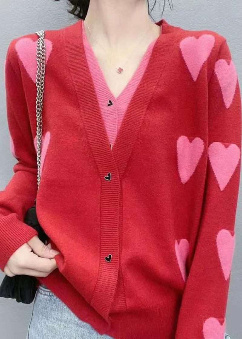 Moderne Rote Strickjacke Mit V-ausschnitt Und Patchwork-love-jacquard-strick Zweiteilige Für Den Frühling - Damen-Cardigans