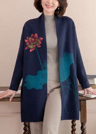 Moderne Strickjacke Aus Wolle Mit Blumenmuster Und Taschen In Marineblau Mit Langen Ärmeln